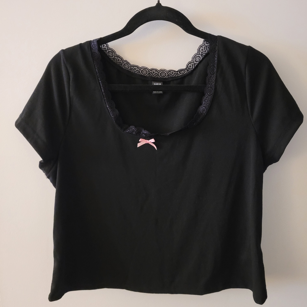 SHEIN Black Lace Trim Top
